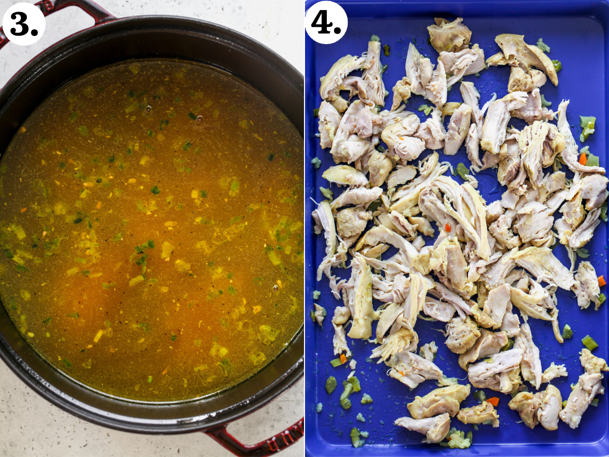 Broth, chicken, and rice cooking in soup, and chicken being shredded on a small blue baking sheet.