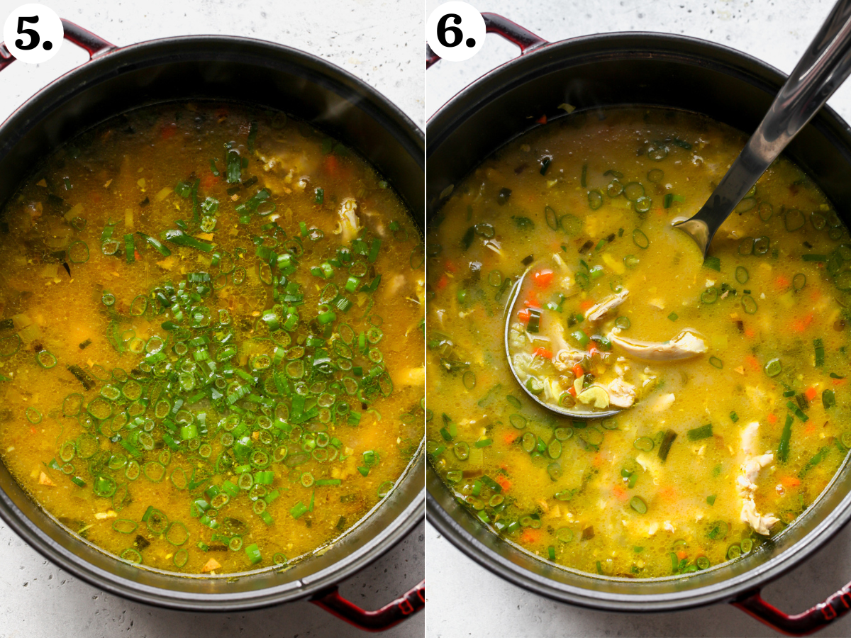 Miso, scallions, and lemon juice being mixed into soup after cooking.