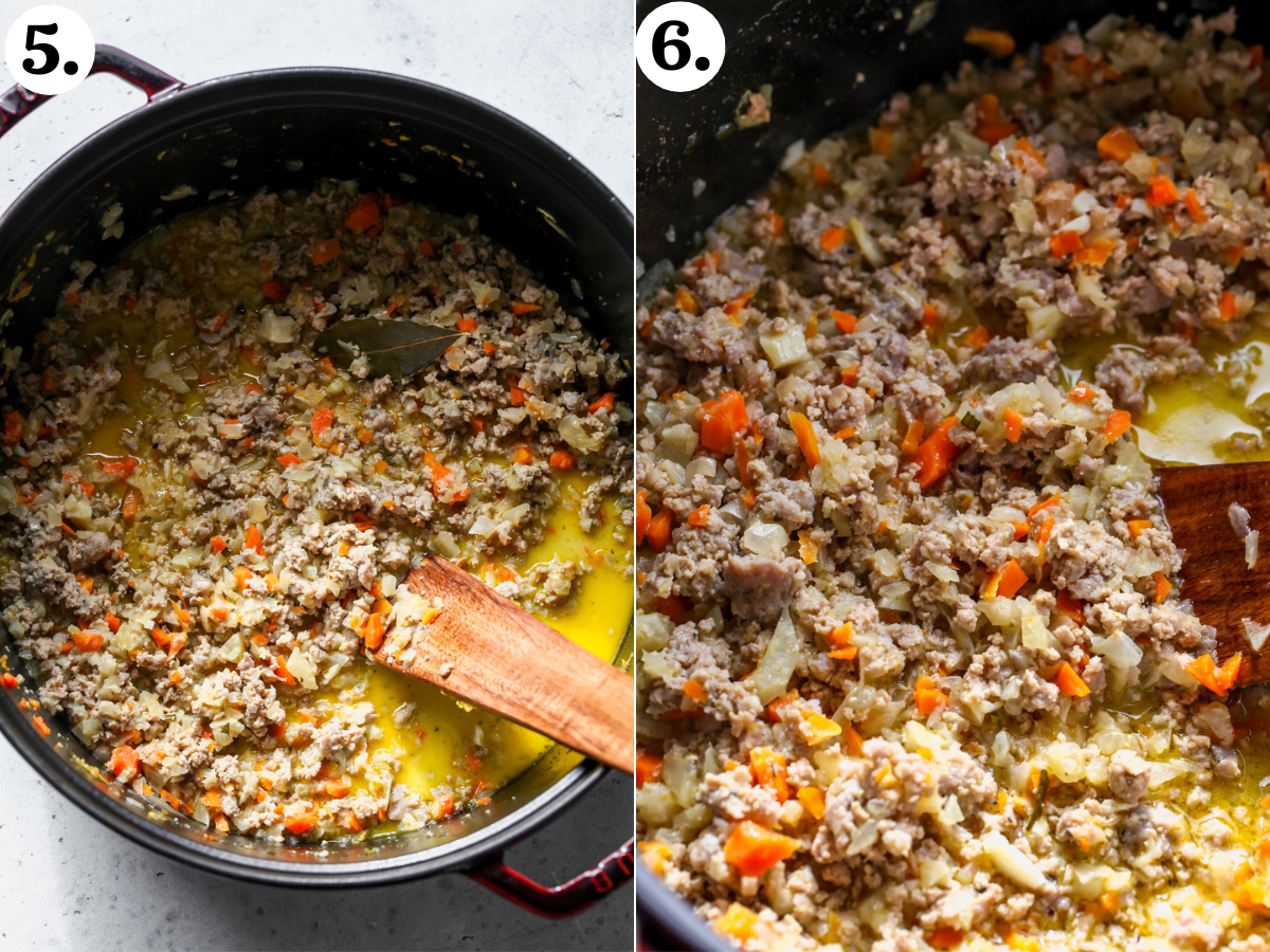 Bolognese sauce being simmered in a Dutch oven.