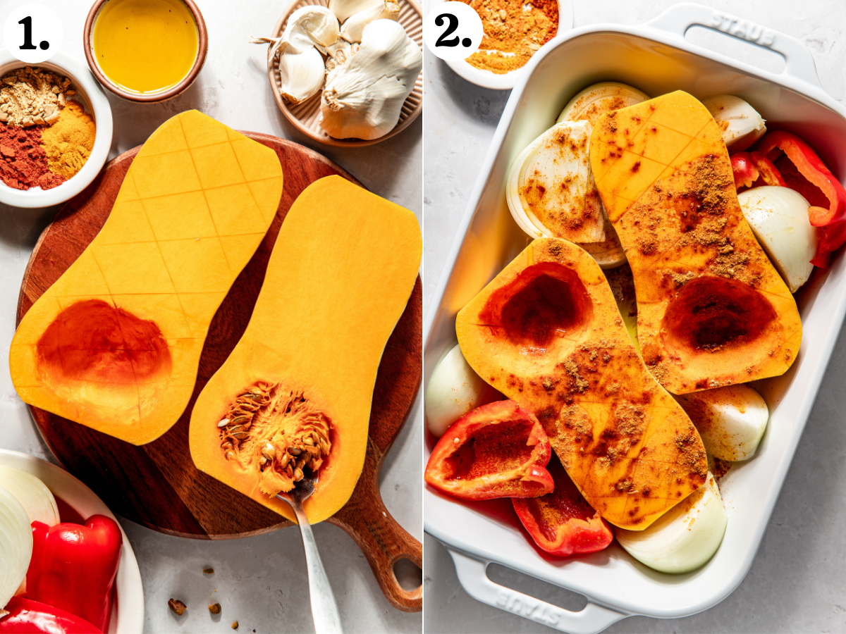 Butternut squash being sliced and arranged in a baking dish with onion and bell pepper segments.