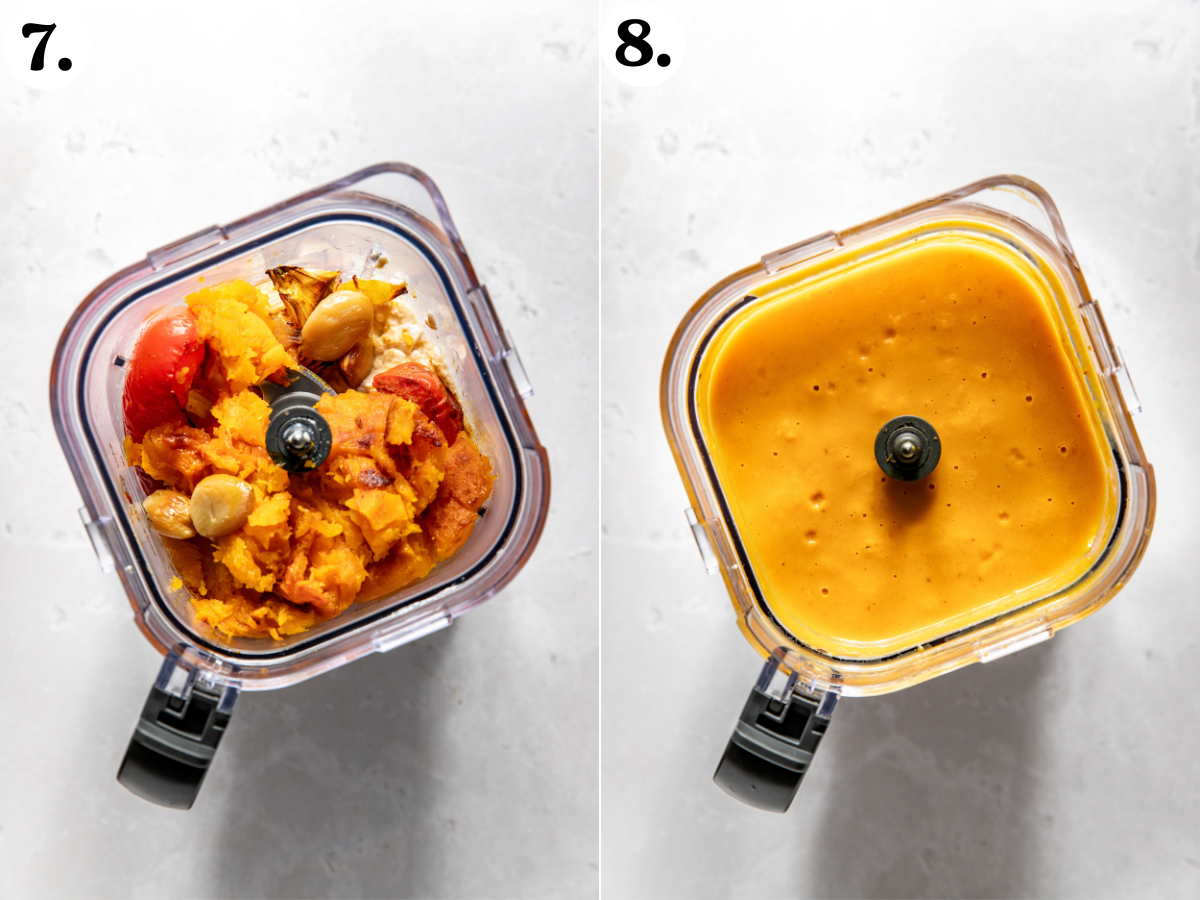 Roasted vegetables, tofu, broth, and coconut milk being added to a blender and blended until smooth and creamy.