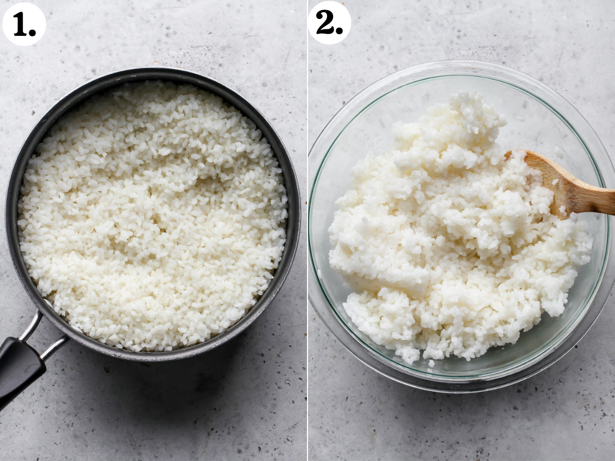Sushi rice being cooked in a saucepan and mixed in a large clear glass mixing bowl.