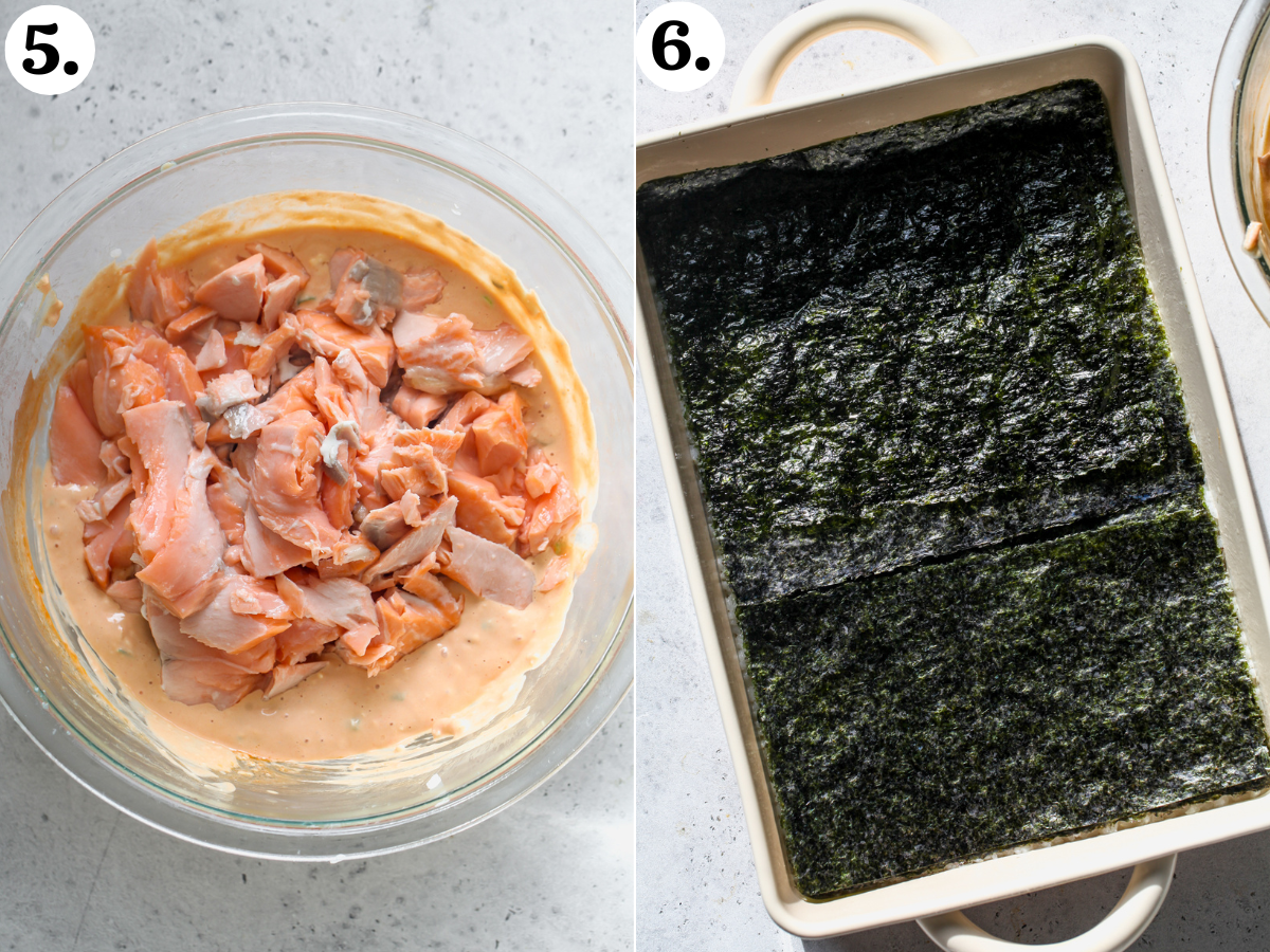 Flaked salmon being mixed into cream cheese mixture in a clear glass mixing bowl, and sushi bake beginning to be assembled in a casserole dish.