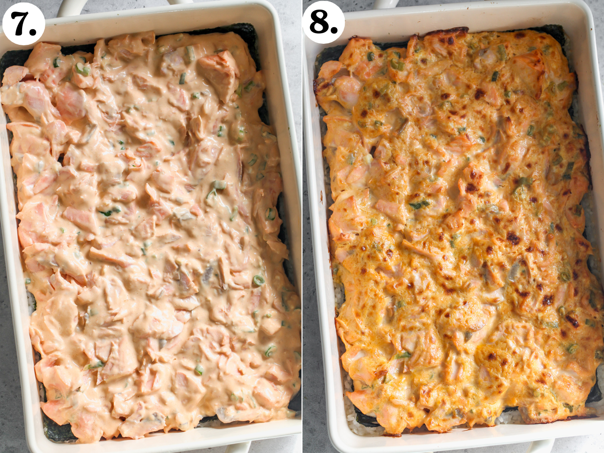 Before and after images of sushi casserole to show browned top after baking.