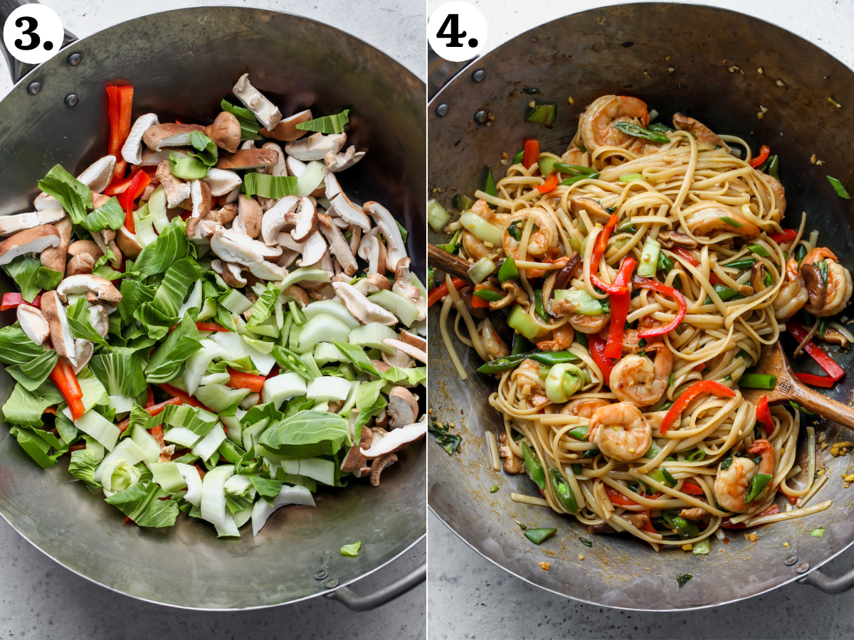 Vegetables being sautéed in a wok, and shrimp, sauce, and noodles being mixed in.
