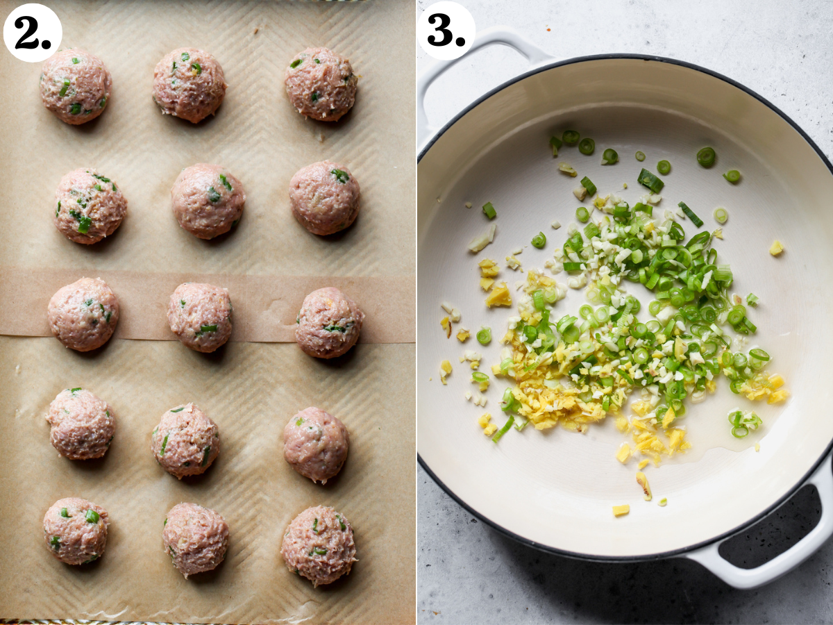 Rolled meatballs arranged on a baking sheet, and aromatics being sautéed in a white pan.