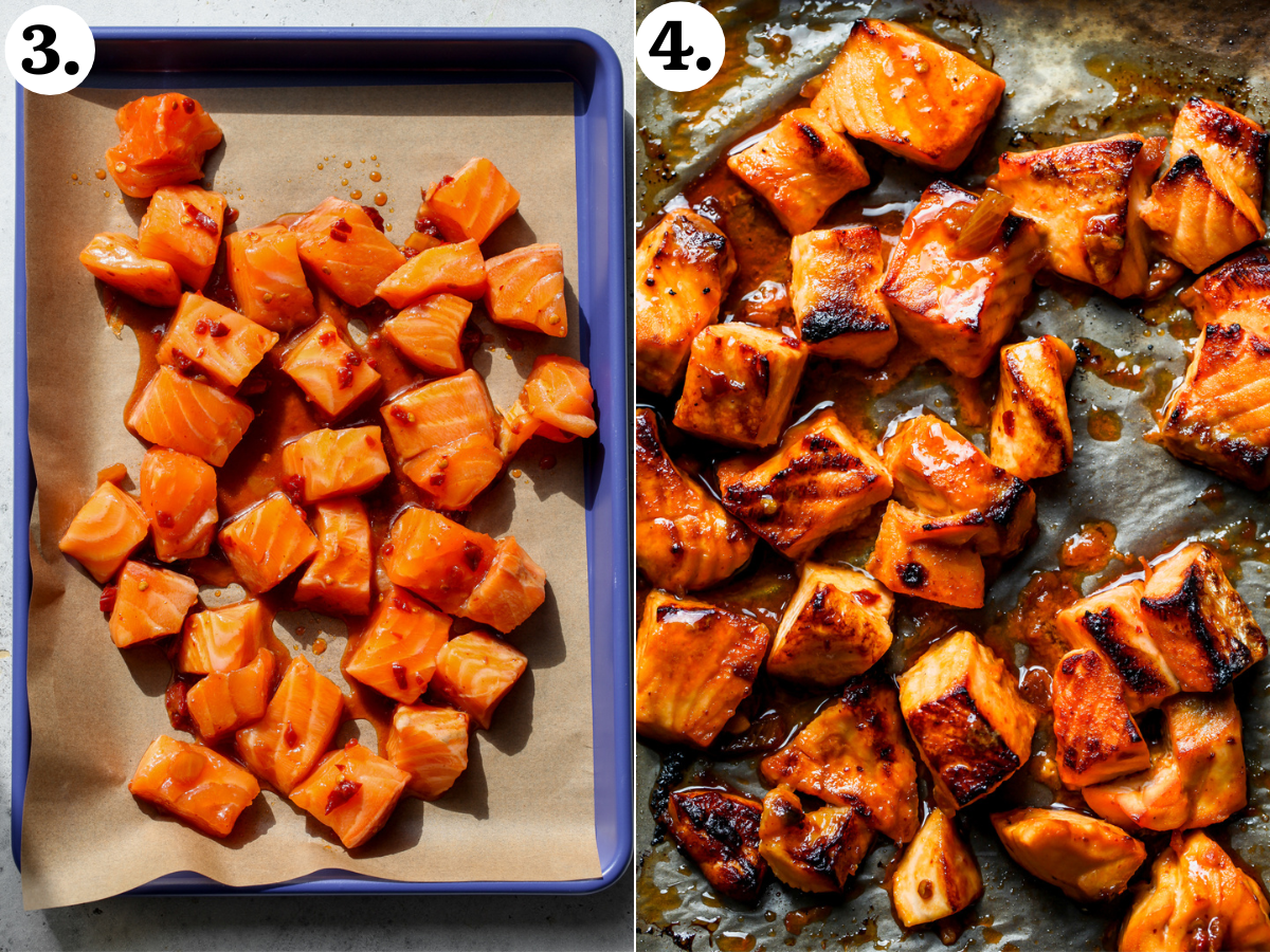 Cubes of marinated salmon on a blue baking sheet before and after being broiled.