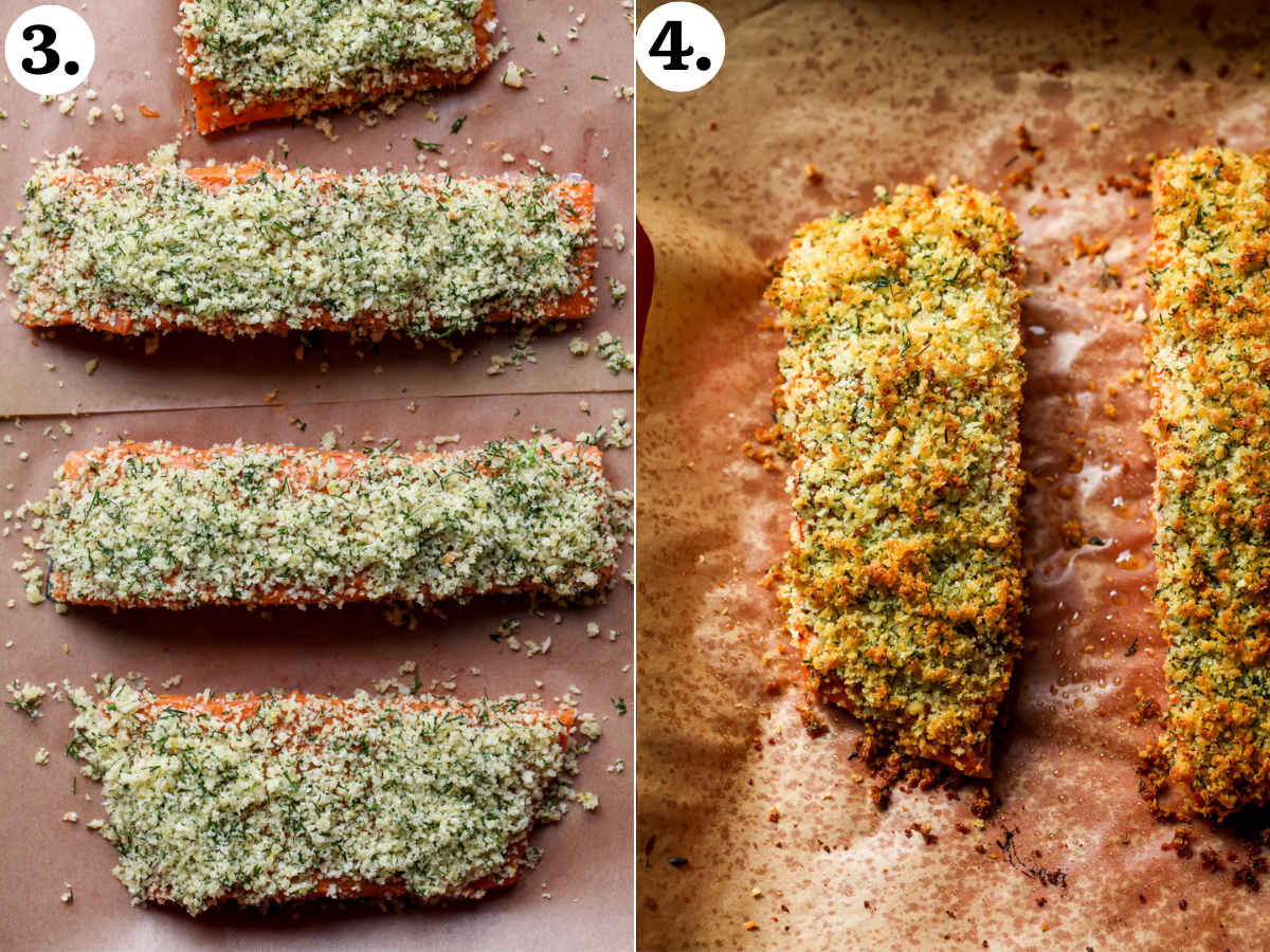 Salmon fillets coated in panko mixture before and after baking on a parchment-lined baking sheet.