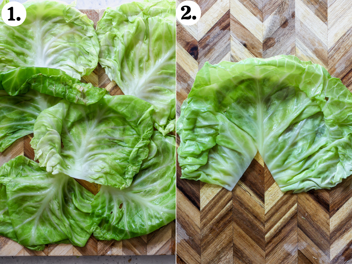 Boiled cabbage leaves arranged on a cutting board, and the thick stem being sliced off.