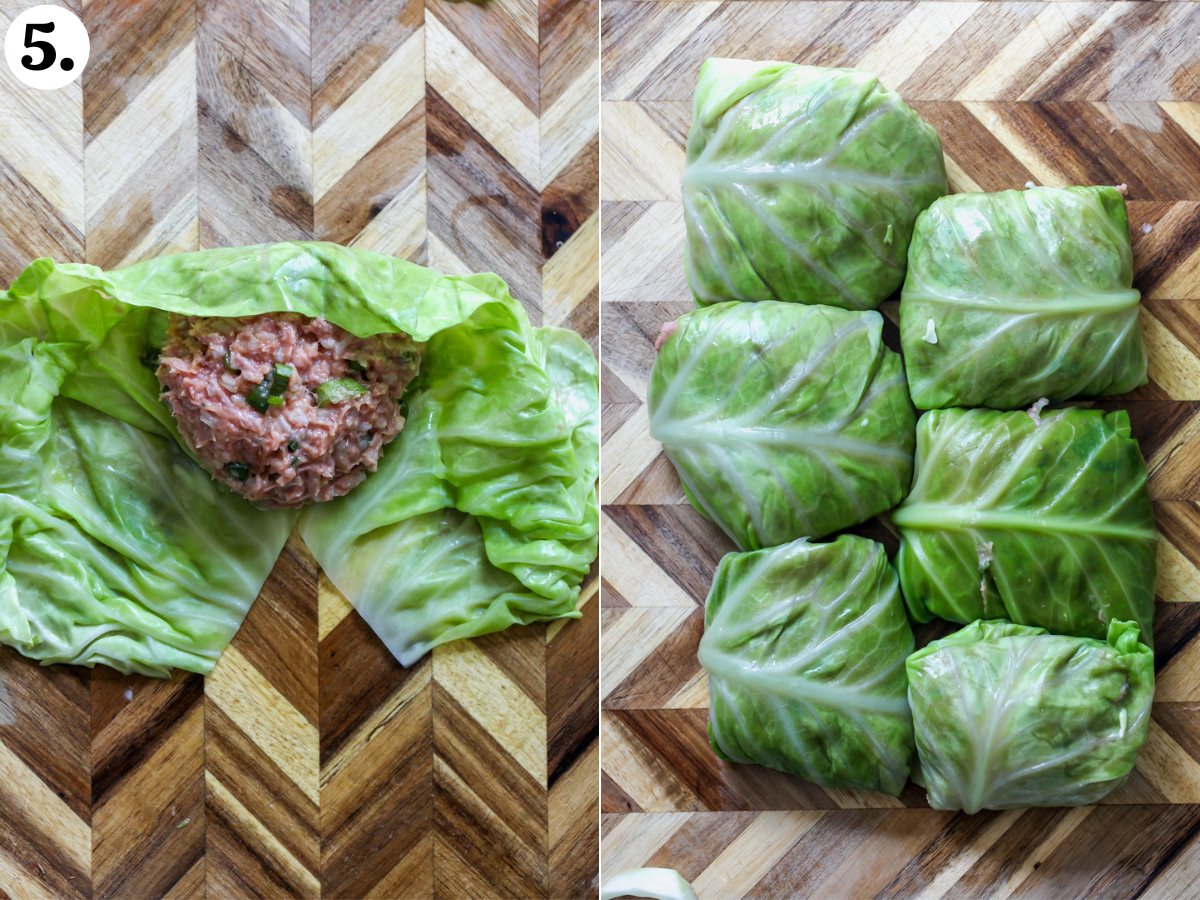 Cabbage leaves being stuffed with ground chicken and rice mixture, and folded in to create a roll.