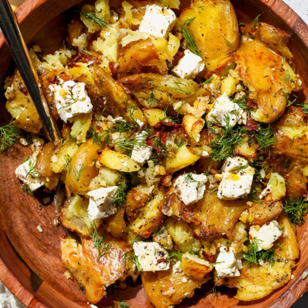 Lemon-Feta Roasted Potatoes as part of a spring dinner collection.