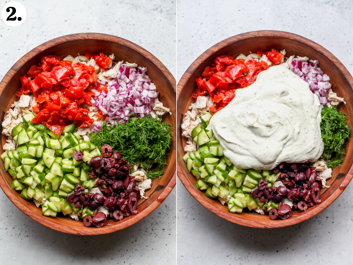 Chicken, cucumbers, tomatoes, olives, onion, and dill in a large wooden bowl, and whipped feta yogurt poured overtop.