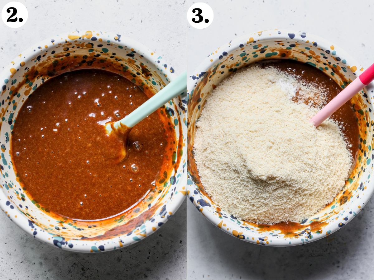 Wet ingredients whisked in a mixing bowl and dry ingredients added in on top.